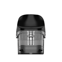 Vaporesso Luxe Q replacement pod, black and transparent, front view.