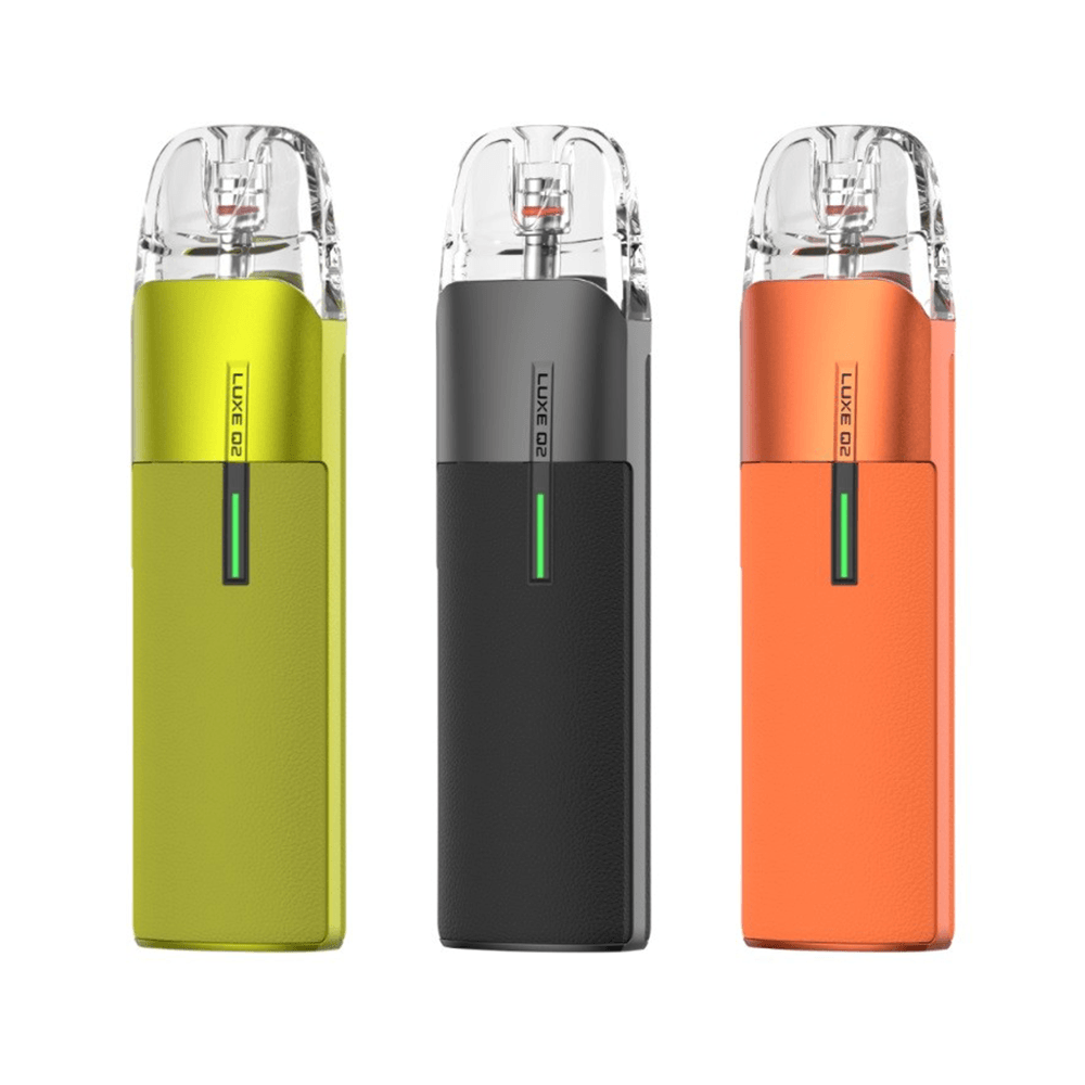 Three Vaporesso Luxe Q2 pod kits in lime green, black, and orange on a white background.