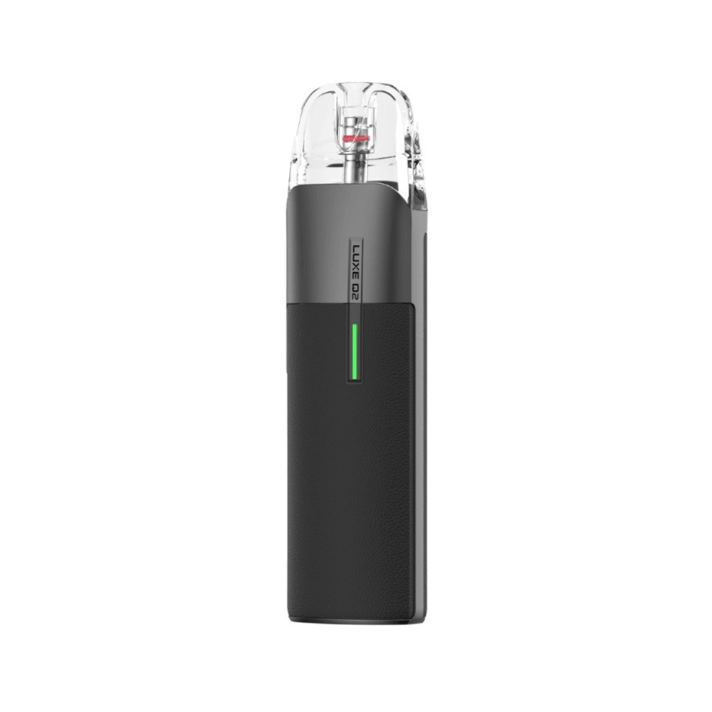 Vaporesso Luxe Q2 Pod Kit in black with a transparent mouthpiece, shown upright.