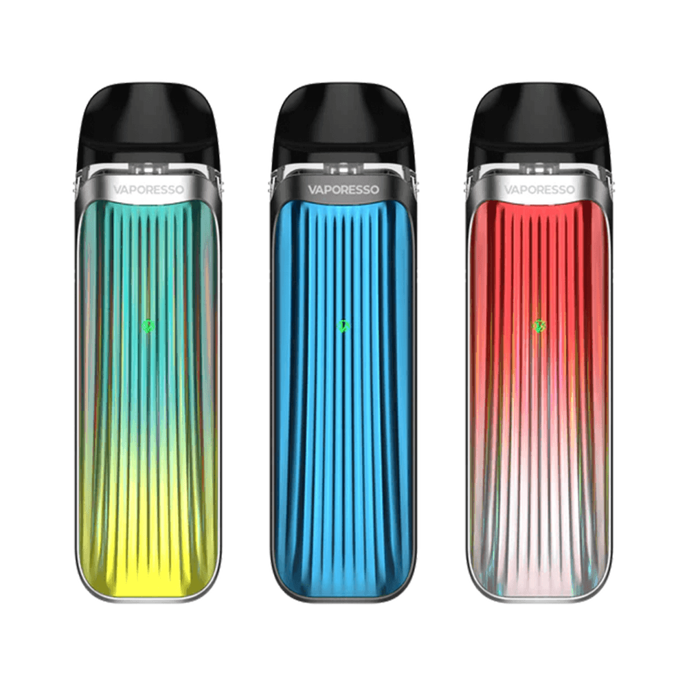 Three Vaporesso Luxe QS pod kits in yellow, blue, and red.