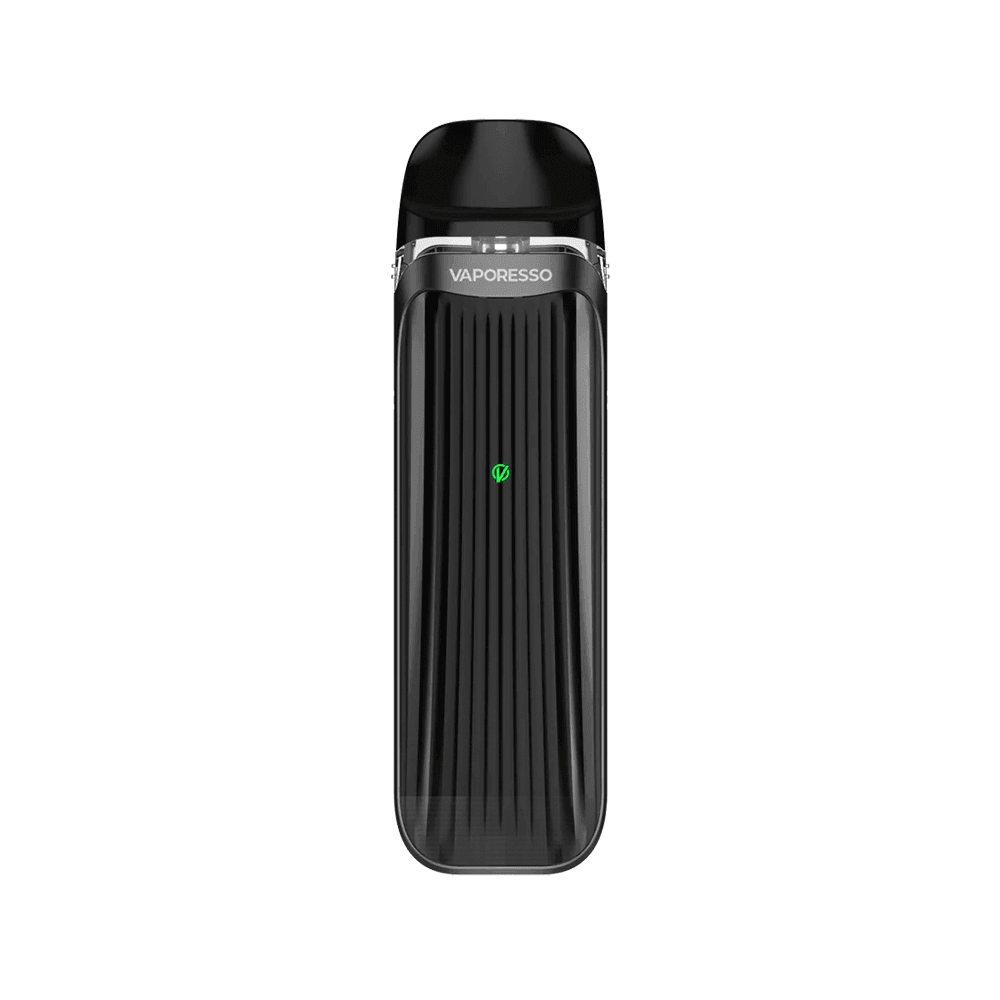 Sleek black Vaporesso Luxe QS pod kit with ribbed design.