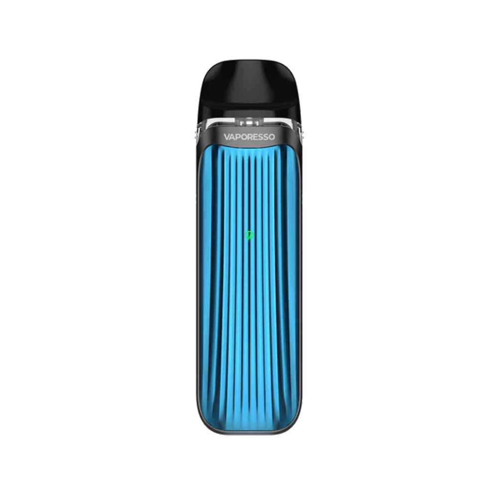 Vaporesso Luxe QS Pod Kit in blue with black top, displayed front-facing.