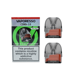 Vaporesso Luxe X Corex 2.0 replacement pod cartridges, two pods shown next to packaging.
