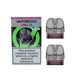 Vaporesso Luxe X Corex 2.0 replacement pod cartridges, two pods shown next to packaging.