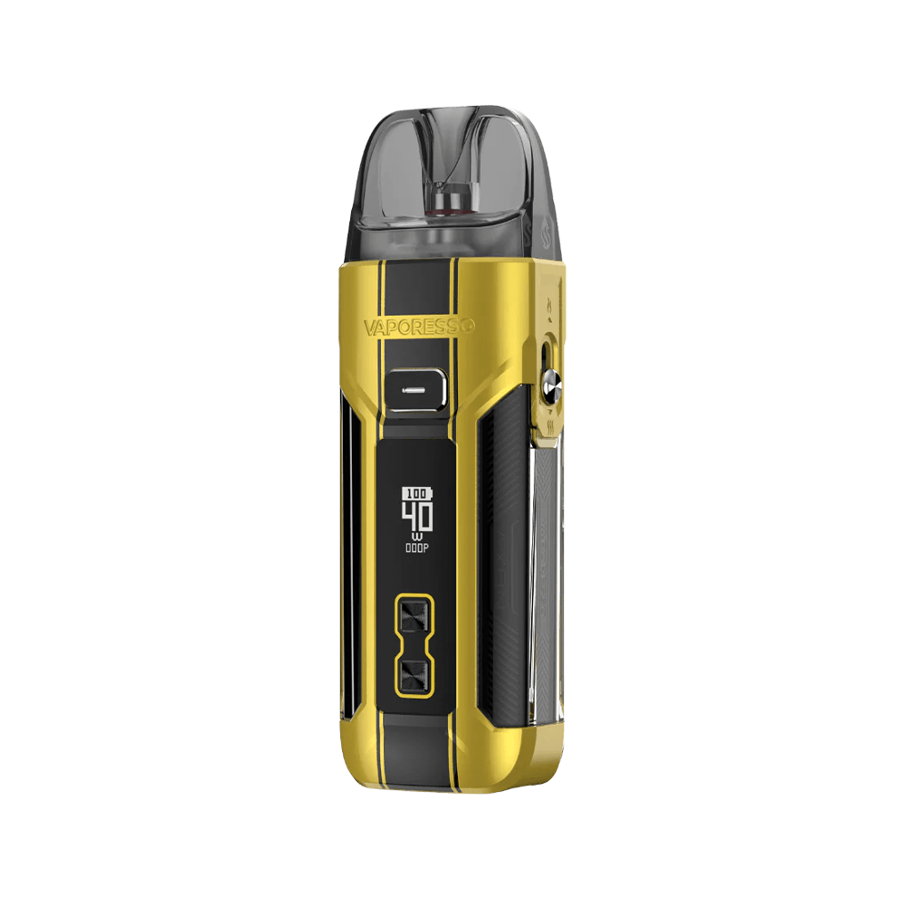 Vaporesso Luxe X Pro vape kit in gold with a digital display and sleek design.