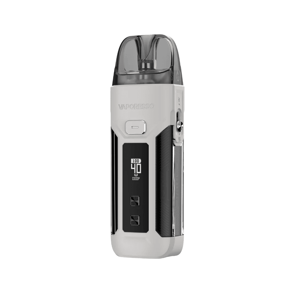 Vaporesso Luxe X Pro Kit, sleek white design with digital display, showcased on a white background.