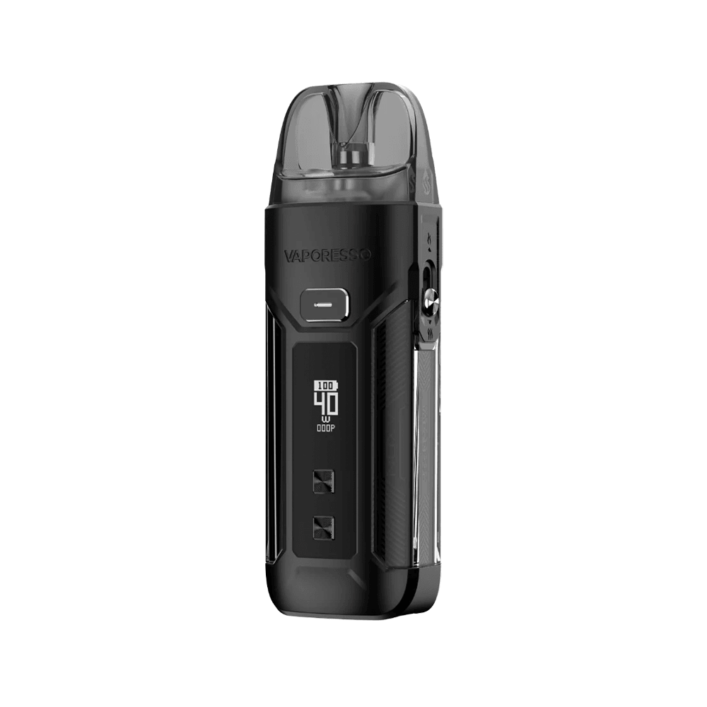 Vaporesso Luxe X Pro vape kit in black with digital display, shown on a white background.