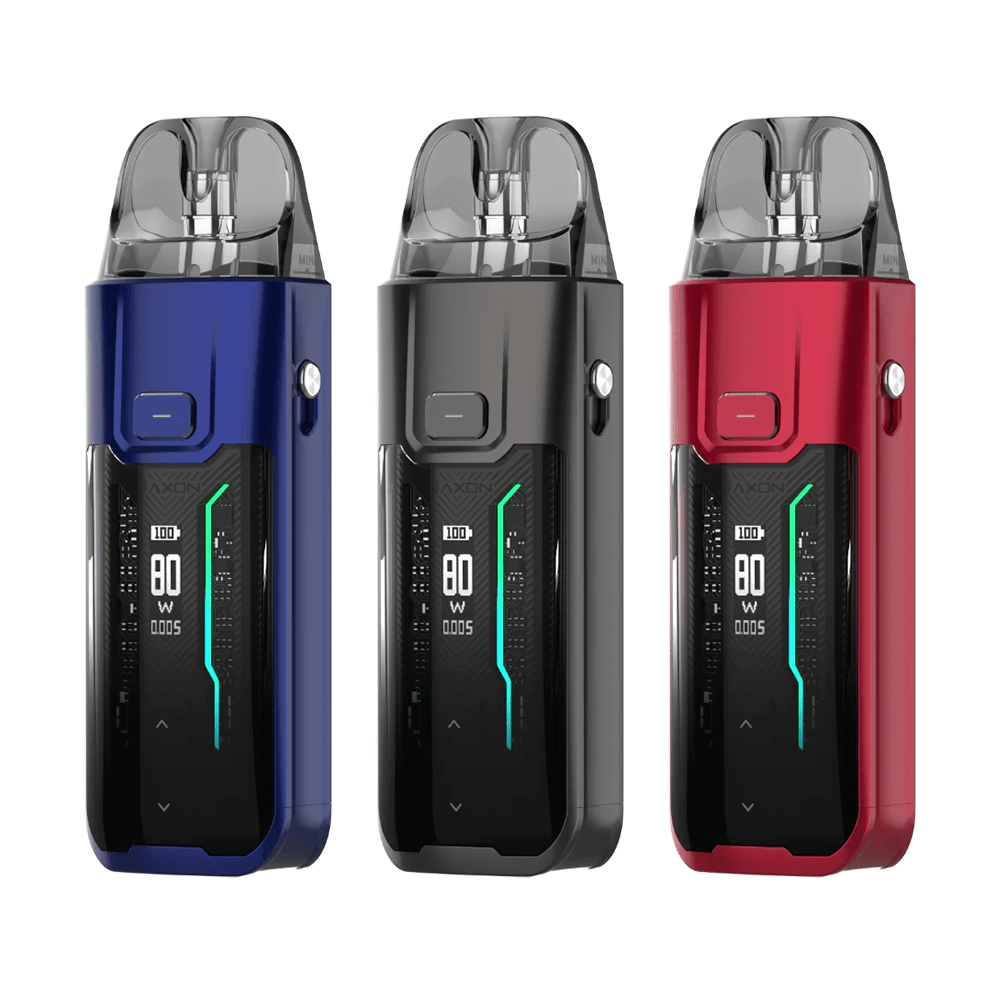 Three Vaporesso Luxe XR Max vape kits in blue, black, and red.