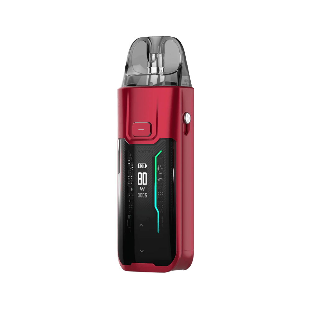 Red Vaporesso Luxe XR Max vape kit with digital display, sleek design.