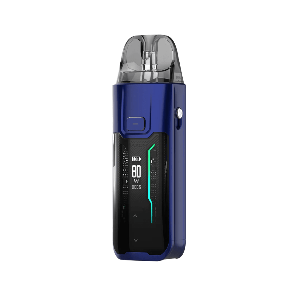 Vaporesso Luxe XR Max vape kit in blue with digital display showing 80W.