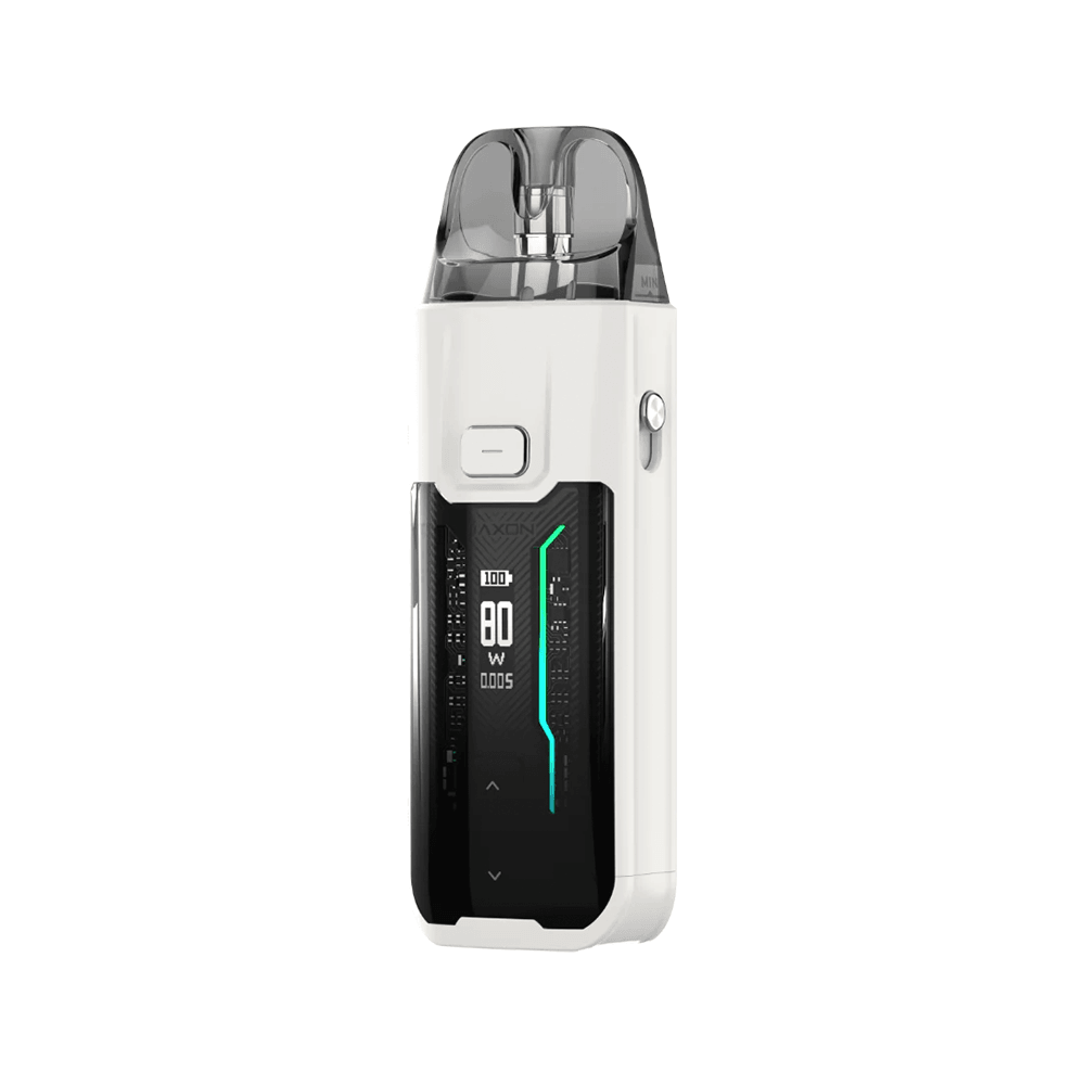 Vaporesso Luxe XR Max vape kit in white with digital display and sleek design.