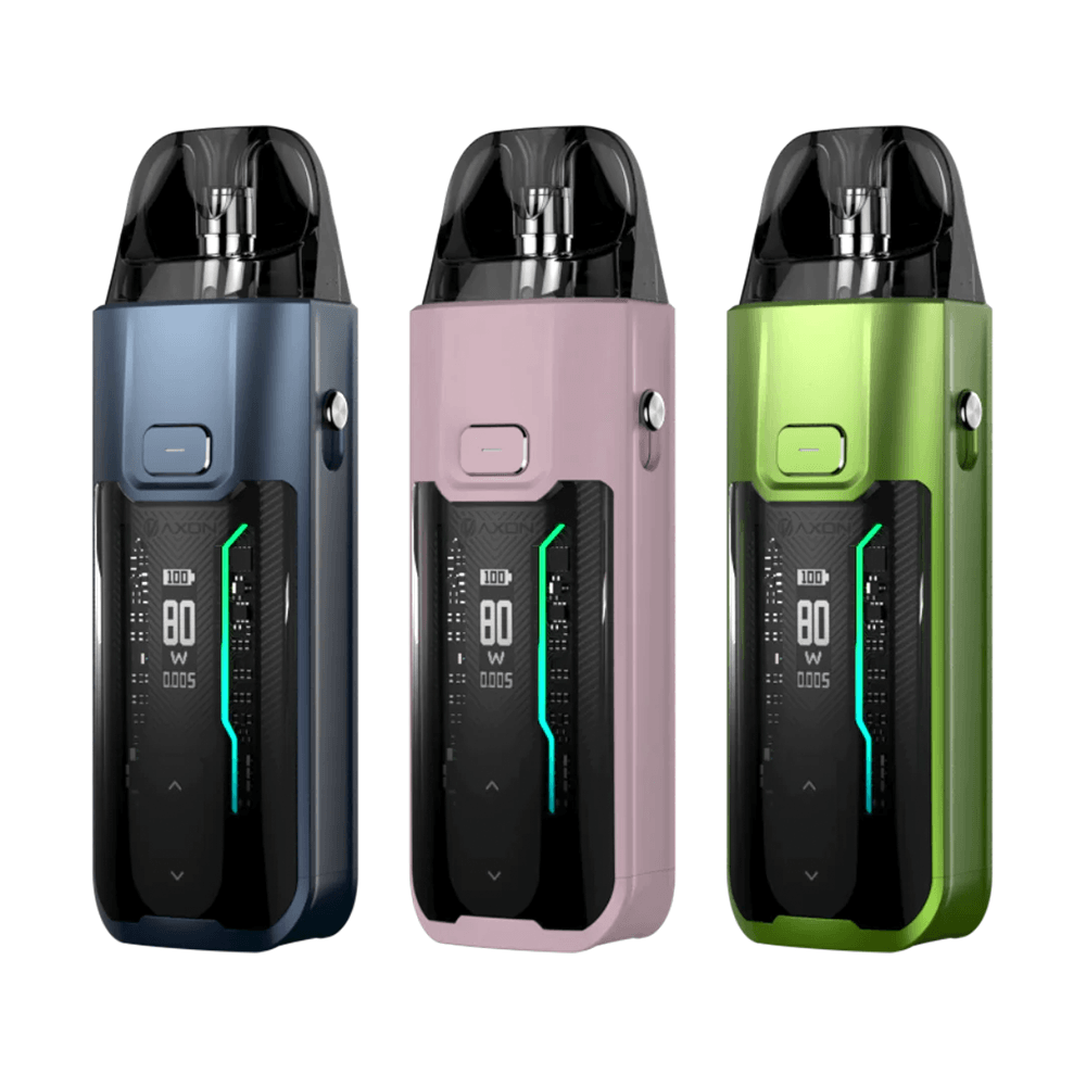 Vaporesso Luxe XR Max Kit in blue, pink, and green, displayed side by side.