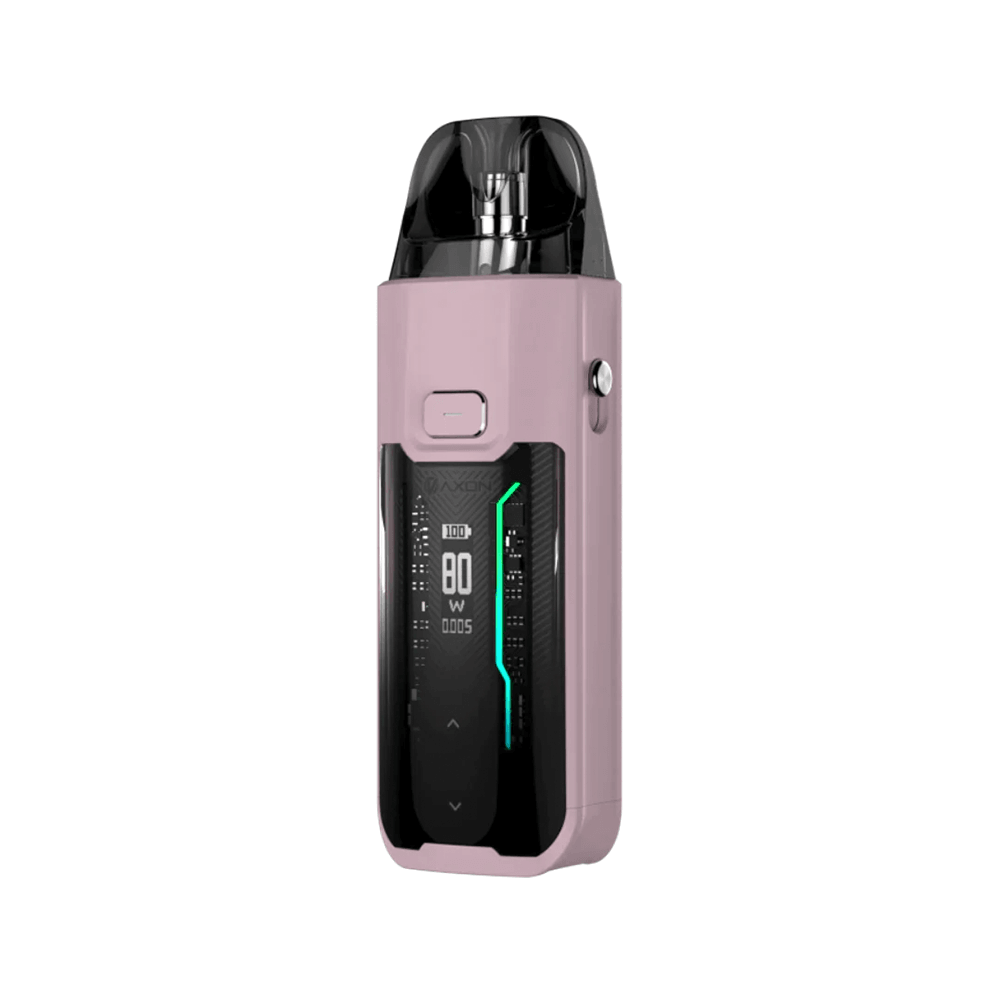 Vaporesso Luxe XR Max vape kit in pink with digital display showing 80W.