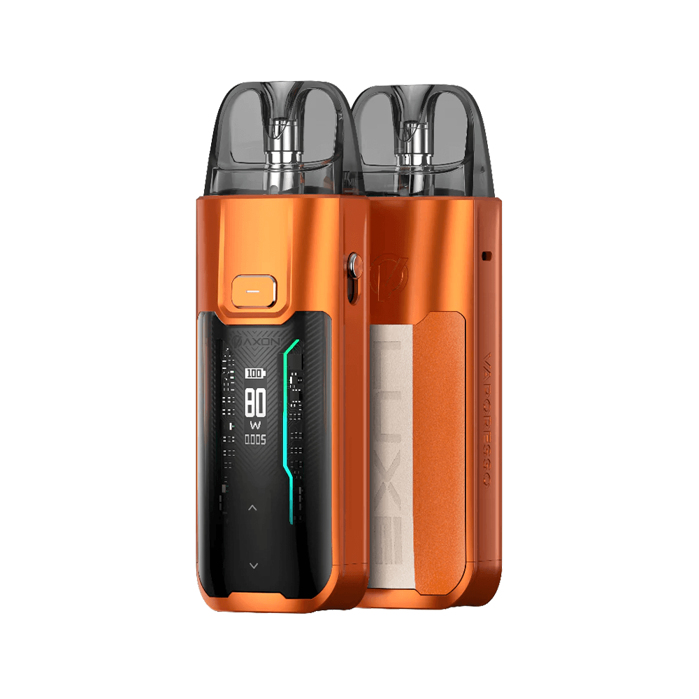 Vaporesso Luxe XR Max Kit in orange, showing digital display and sleek design.