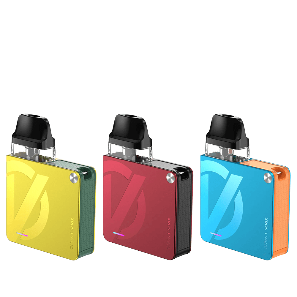 Three Vaporesso XROS 3 Nano Pod Kits in yellow, red, and blue colours.