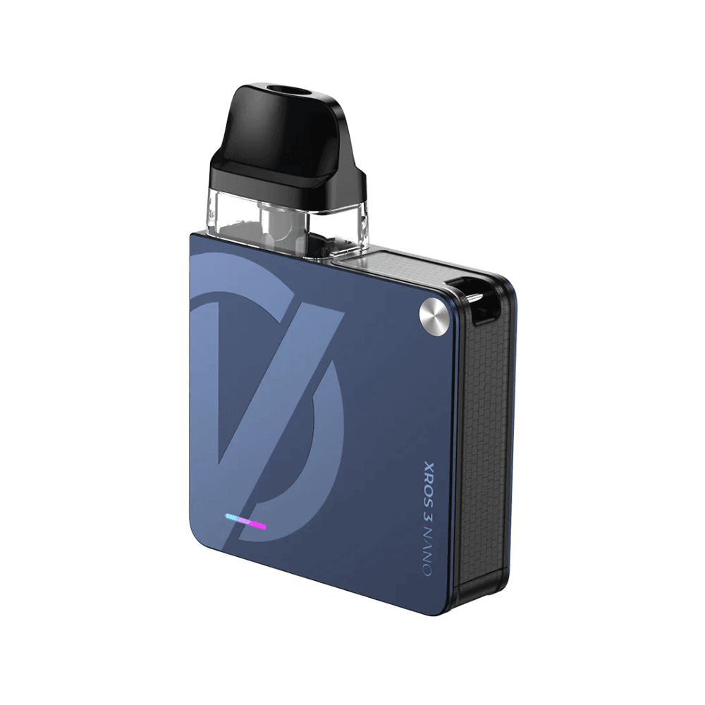 Vaporesso XROS 3 Nano Pod Kit in navy blue with sleek design and visible branding.