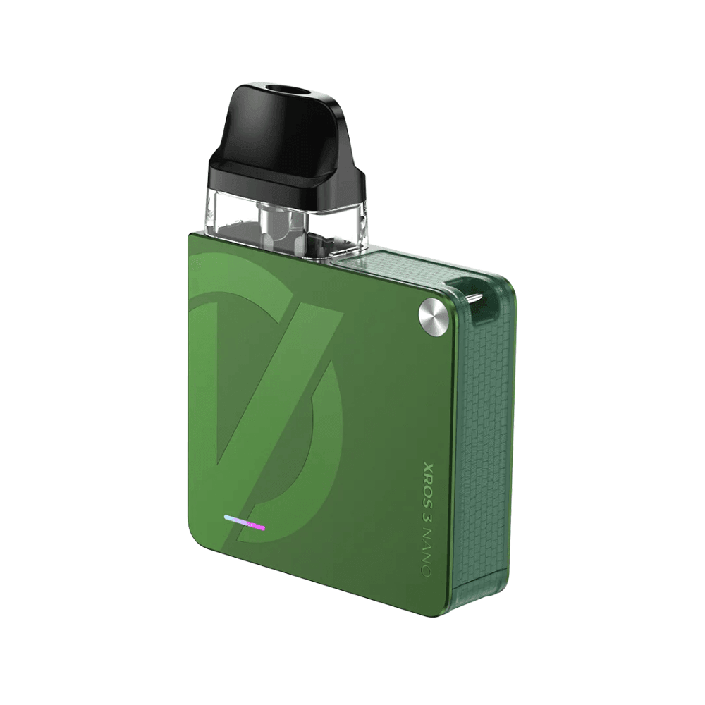 Vaporesso XROS 3 Nano Pod Kit in olive green, sleek design with visible branding.