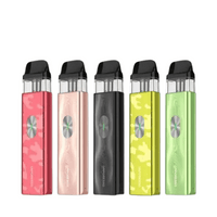 Five Vaporesso XROS 4 Mini pod kits in red, pink, black, yellow, and green.