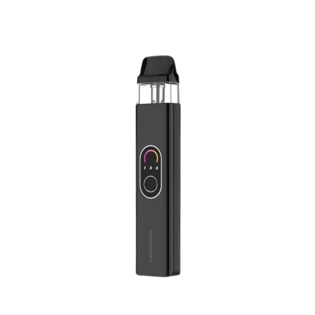 Vaporesso XROS 4 Pod Kit in black, featuring a sleek design with a central button.