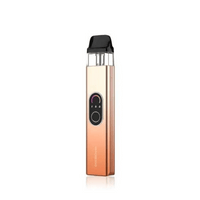 Vaporesso XROS 4 Pod Kit in champagne gold, sleek design with a clear pod and button controls.