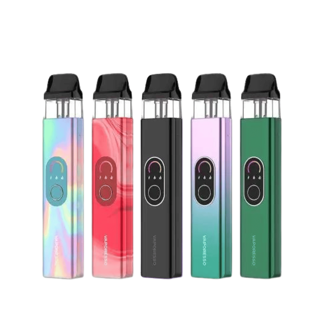 Five Vaporesso XROS 4 Pod Kits in various colours, aligned vertically.