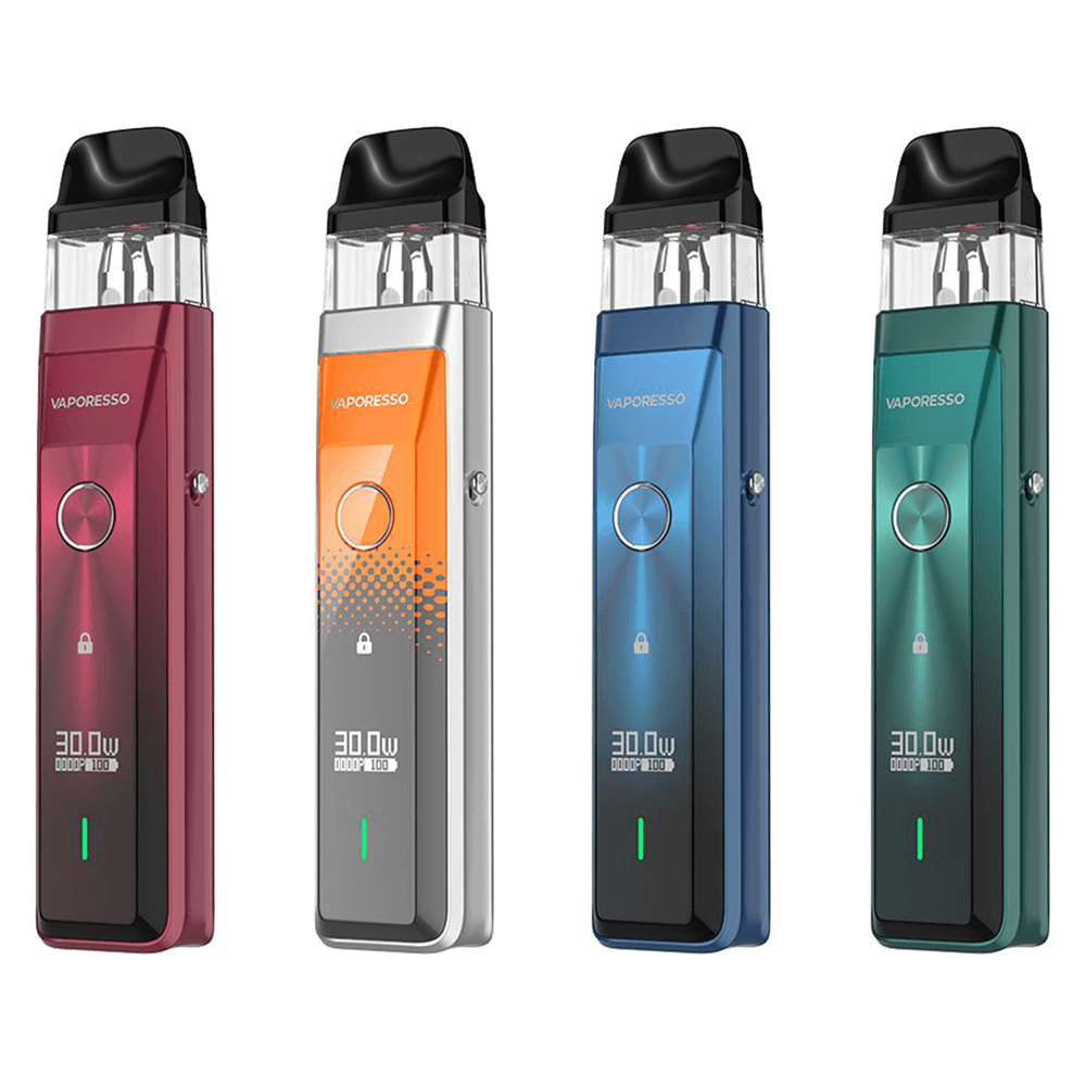 Four Vaporesso XROS Pro pod kits in red, orange, blue, and green displayed upright.