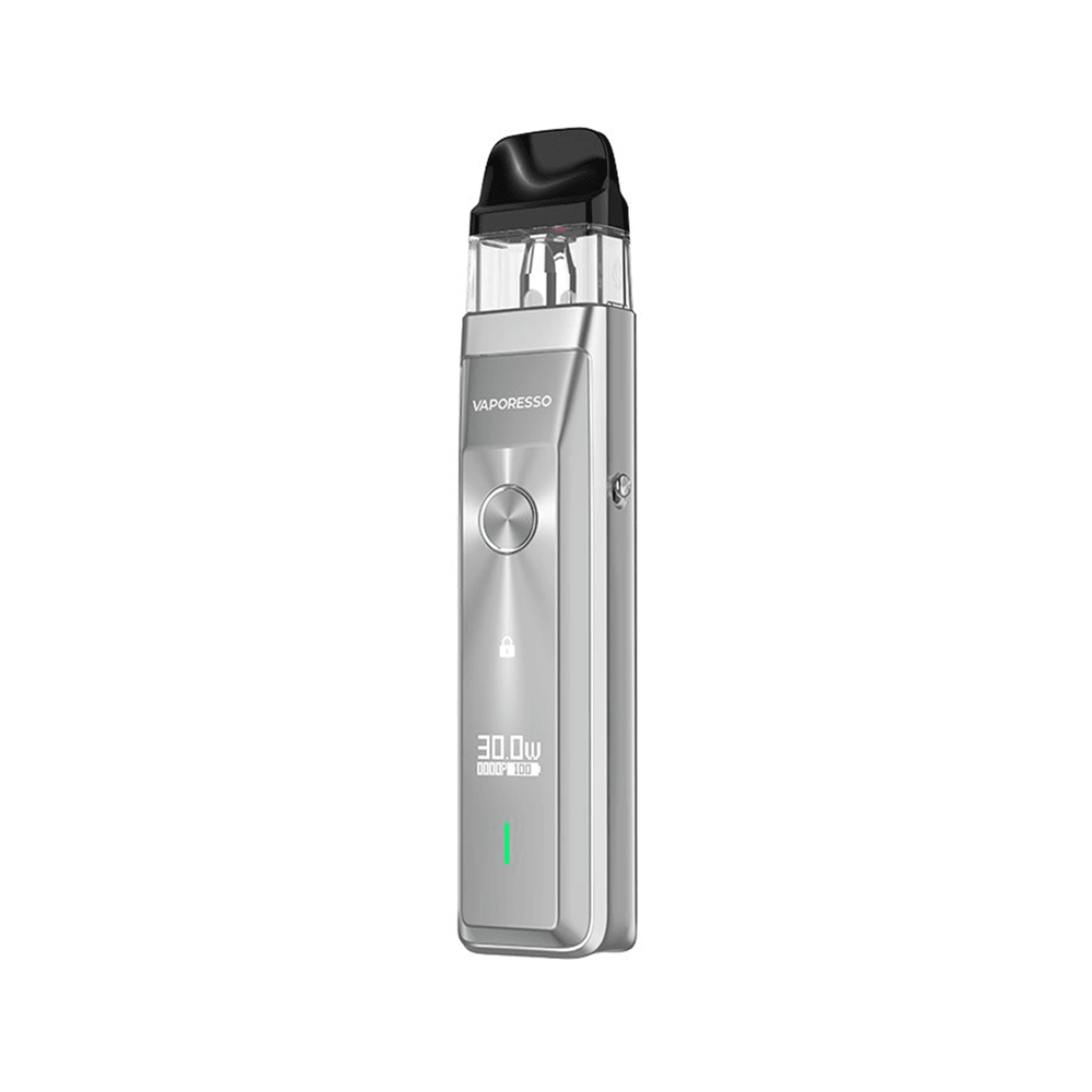 Vaporesso XROS Pro Pod Kit in silver with LED display and sleek design.