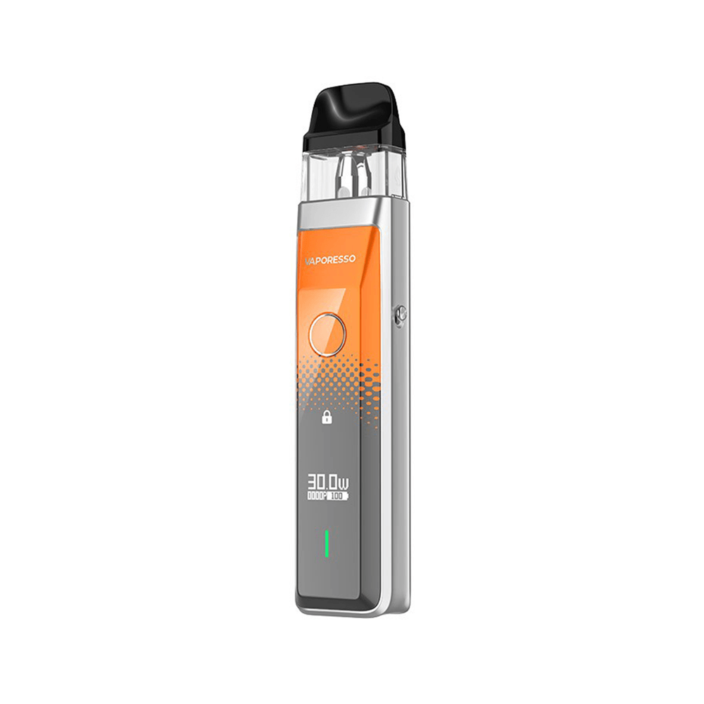 Vaporesso XROS Pro Pod Kit in silver and orange with a digital display.