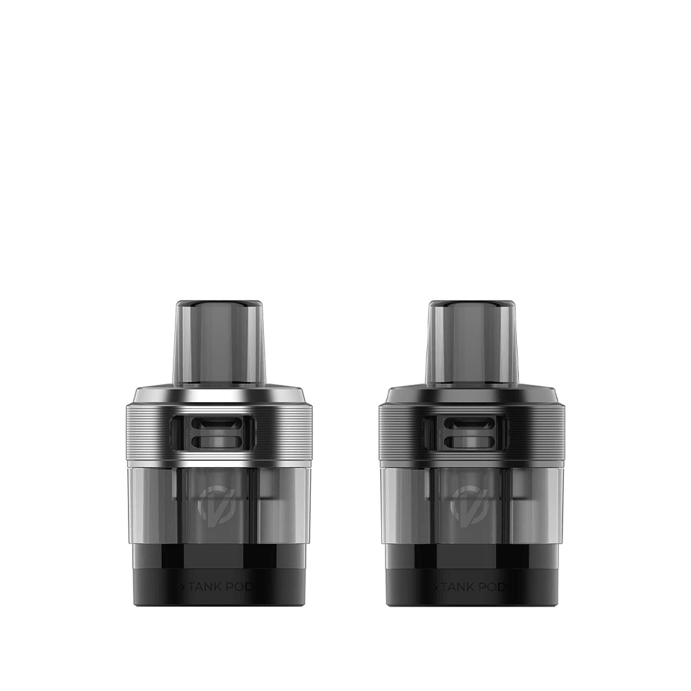 Two Vaporesso XTank replacement vape pods, grey and black, on a white background.