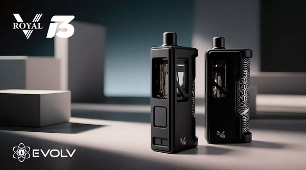 Royal V i3 AIO vape kit with Evolv chipset showing two devices in black and patterned finishes with visible boro-style tanks.
