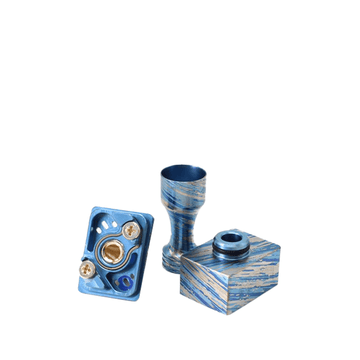 Blue titanium vape components with intricate designs, displayed on a white background.