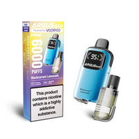 The image displays the Voopoo Argus Bar Prime Disposable Vape Kit in the Blackcurrant Lemonade flavour. The device features a sleek blue finish and an integrated digital display showing battery life. The packaging highlights key features such as a 6000 puff capacity, adjustable airflow, and refillable pods.