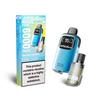 The image shows the Voopoo Argus Bar Prime Disposable Vape Kit in the Blue Razz Lemonade flavour. The device features a sleek blue design with a digital battery indicator prominently displayed. The accompanying packaging highlights its 6000 puff capacity and additional features like adjustable airflow and rechargeable functionality. The transparent pod is visible on the device, offering a modern look. A warning label at the bottom of the packaging