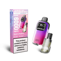 The image displays the Voopoo Argus Bar Prime Disposable Vape Kit in the Blueberry Raspberry flavour. The vape device features a modern gradient design in purple and pink hues, complete with a digital screen showing the battery percentage. The product packaging highlights essential features, such as 6000 puffs, adjustable airflow, and rechargeable capability, with a transparent refillable pod included. 