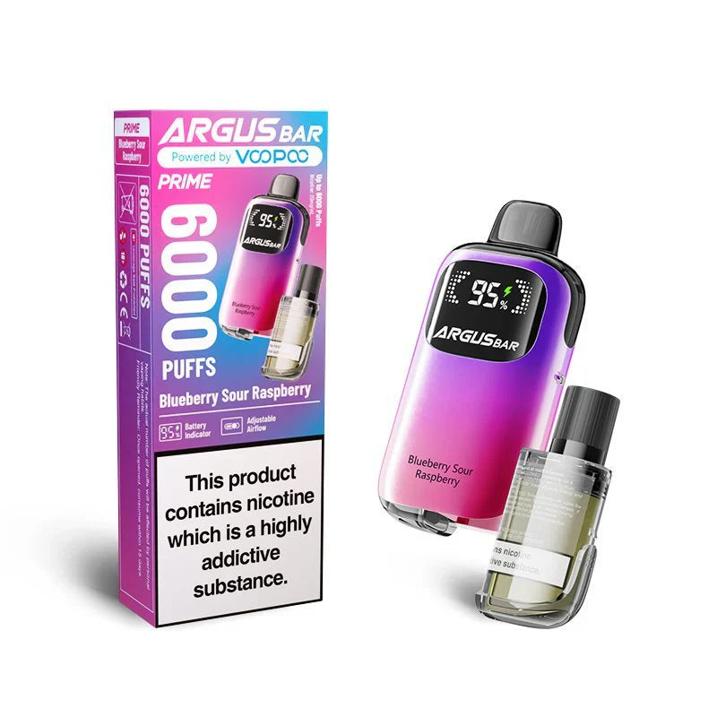 The image features the Voopoo Argus Bar Prime Disposable Vape Kit in the Blueberry Sour Raspberry flavour. The vape device is shown in a striking gradient of purple and pink, equipped with a digital display indicating battery life and a transparent refillable pod for easy use. The packaging highlights the product’s key attributes, such as a 6000 puff capacity, adjustable airflow, and rechargeable functionality.