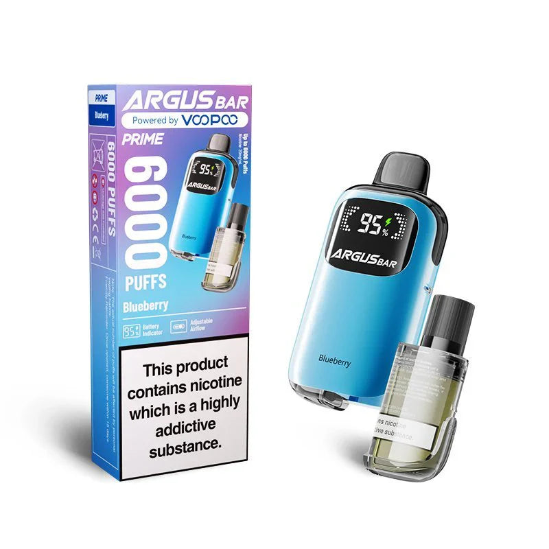 The image depicts the Voopoo Argus Bar Prime Disposable Vape Kit in the Blueberry flavour. The device features a modern blue design with a digital display showing battery life, alongside a transparent refillable pod for convenience. The product box showcases key specifications, including its 6000 puff capacity, adjustable airflow, and rechargeable functionality. 