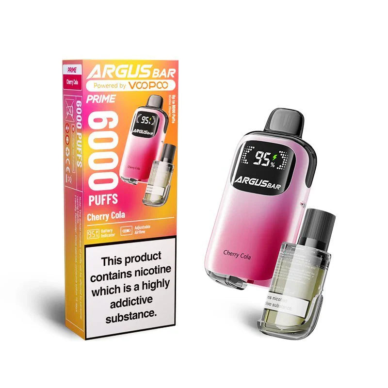 The image shows the Voopoo Argus Bar Prime Disposable Vape Kit in the Cherry Cola flavour. The vape device features a pink gradient design with the "Argus Bar" logo and a clear digital battery indicator, set at 95%. The packaging displays its key specifications, including 6000 puffs, adjustable airflow, and refillable pods. A transparent pod accompanies the device