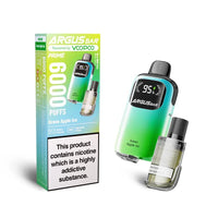 The image showcases the Voopoo Argus Bar Prime Disposable Vape Kit in the Green Apple Ice flavour. This vape device features a refreshing green gradient finish paired with a clear digital display showing 95% battery life. The included packaging highlights its notable features, such as up to 6000 puffs, adjustable airflow