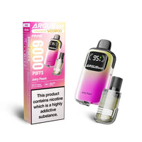 The image showcases the Voopoo Argus Bar Prime Disposable Vape Kit in the Juicy Peach flavour. The device is presented with a gradient of soft pink and yellow tones, prominently displaying the "Argus Bar" logo alongside a digital battery indicator set at 95%. The packaging highlights key features, including 6000 puffs, adjustable airflow, and refillable pods.