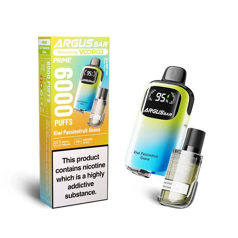 The image features the Voopoo Argus Bar Prime Disposable Vape Kit in the Kiwi Passionfruit Guava flavour. The device is presented with a gradient colour finish transitioning from vibrant green to blue, paired with its box packaging. The packaging highlights a 6000 puff capacity, adjustable airflow, and battery indicator functionality.