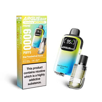 The image features the Voopoo Argus Bar Prime Disposable Vape Kit in the Kiwi Passionfruit Guava flavour. The device is presented with a gradient colour finish transitioning from vibrant green to blue, paired with its box packaging. The packaging highlights a 6000 puff capacity, adjustable airflow, and battery indicator functionality.