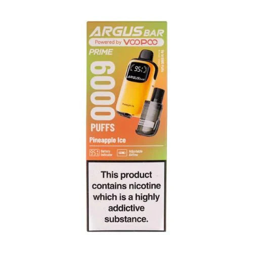 The image showcases the Voopoo Argus Bar Prime Disposable Vape Kit in the Pineapple Ice flavour. The packaging features a vibrant orange gradient design with clear branding and product details, such as "6000 PUFFS" prominently displayed. The device itself has a sleek appearance with a digital display indicating 95% battery life. Key features, including adjustable airflow