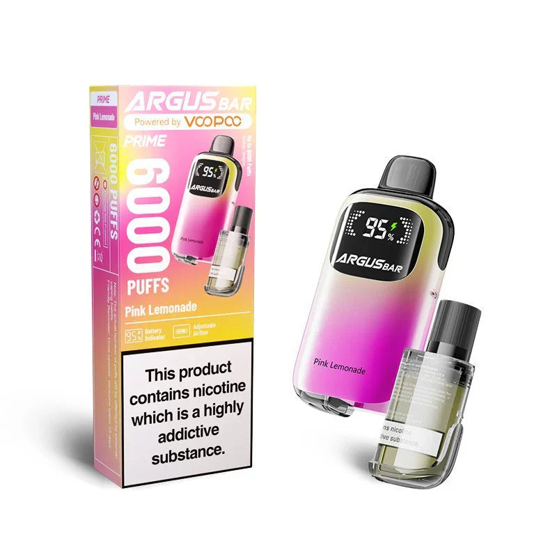 The image displays the Voopoo Argus Bar Prime Disposable Vape Kit in the Pink Lemonade flavour. The vape device features a sleek design with a gradient colour transition from pink to yellow. The packaging highlights a puff capacity of 6000, adjustable airflow, and a digital battery indicator, 