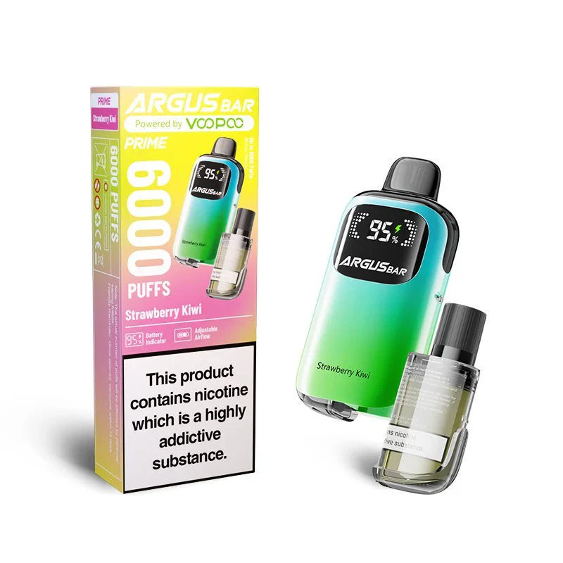 The image displays the Voopoo Argus Bar Prime Disposable Vape Kit in the Strawberry Kiwi flavour. The vape device showcases a vibrant design with a green-to-yellow gradient and a bold "Argus Bar" logo on its surface. The packaging highlights key features, including a puff capacity of 6000, adjustable airflow, and a digital battery indicator showing 95% charge. A transparent refillable pod is shown alongside the device.