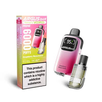 The image features the Voopoo Argus Bar Prime Disposable Vape Kit in the Strawberry Watermelon flavour. The device boasts a sleek design with a soft gradient of pink transitioning to lighter tones, adorned with the "Argus Bar" logo and a digital display showing a 95% battery level. The packaging highlights its key features, such as 6000 puffs, adjustable airflow, and refillable pods