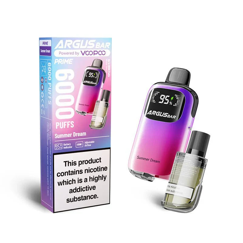 The image showcases the Voopoo Argus Bar Prime Disposable Vape Kit in the Summer Dream flavour. The device features a vibrant gradient finish in shades of pink and purple and includes a clear digital display screen showing battery percentage. The packaging highlights its 6000 puff capacity, adjustable airflow, and refillable pod.