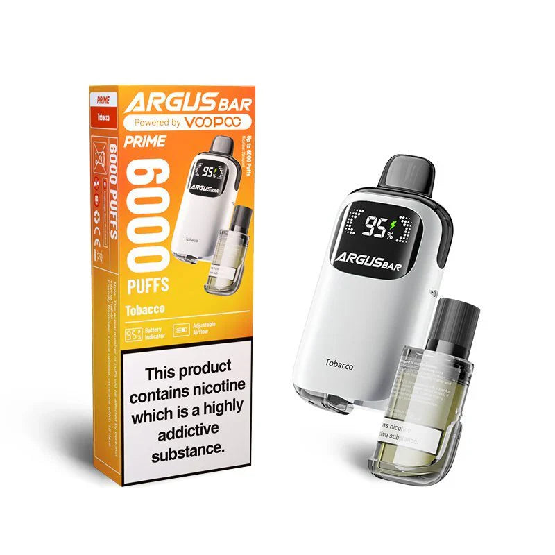 he image features the Voopoo Argus Bar Prime Disposable Vape Kit in the Tobacco flavour. This vape device is showcased with a sleek white finish and includes a digital display screen indicating the battery percentage. The packaging highlights key features such as a 6000 puff capacity, adjustable airflow, and a refillable transparent pod. 