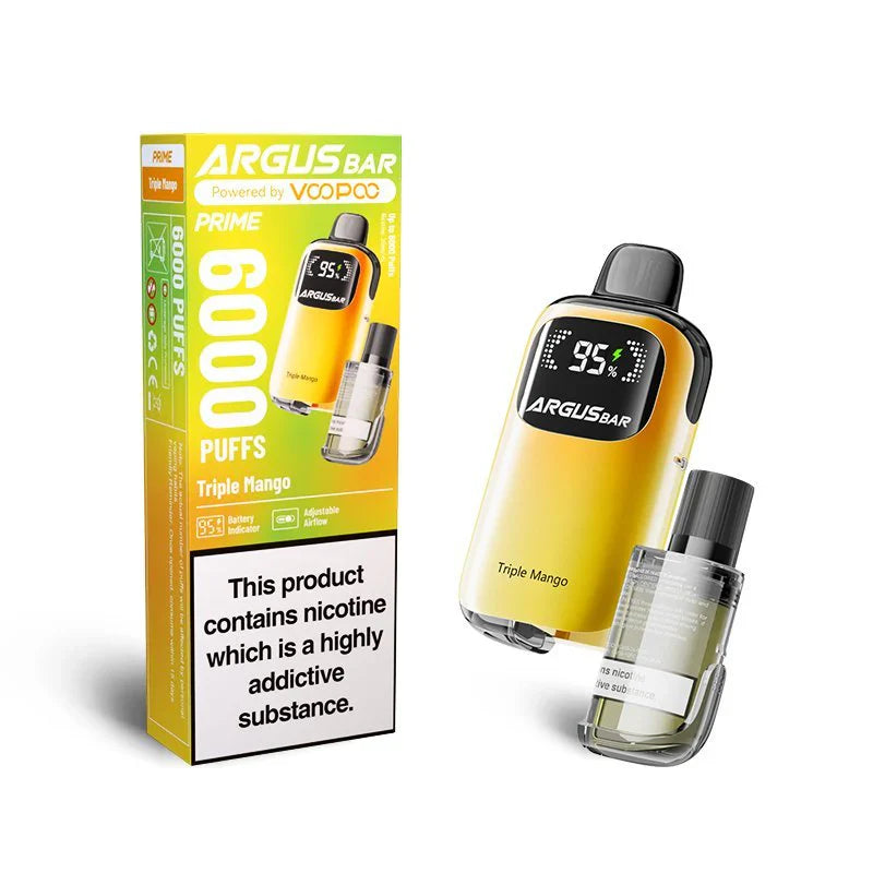 The image displays the Voopoo Argus Bar Prime Disposable Vape Kit in the Triple Mango flavour. The device features a vibrant yellow gradient finish and a sleek digital display showcasing 95% battery life. Accompanied by its bold packaging, the product highlights include up to 6000 puffs, adjustable airflow for customised vaping