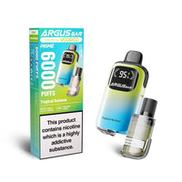 The image showcases the Voopoo Argus Bar Prime Disposable Vape Kit in the Tropical Rainbow flavour. The vape device is presented with a sleek design featuring a vibrant gradient colour transition from green to blue. The packaging highlights the device's 6000 puff capacity, adjustable airflow, and battery indicato