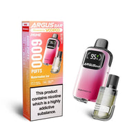 The image displays the Voopoo Argus Bar Prime Disposable Vape Kit in the Watermelon Ice flavour. The device features a sleek pink gradient design with a modern digital display indicating 95% battery life. The accompanying packaging emphasises its key specifications, such as delivering up to 6000 puffs, adjustable airflow, and refillable pods,